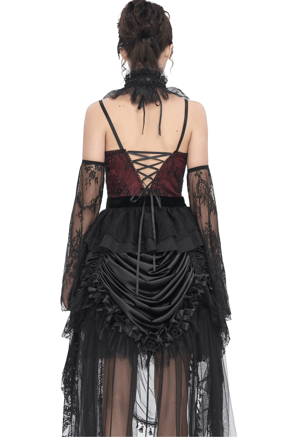 Back view of a gothic black lace top with bell sleeves and a lace-up red bodice, perfect for Victorian-inspired fashion.