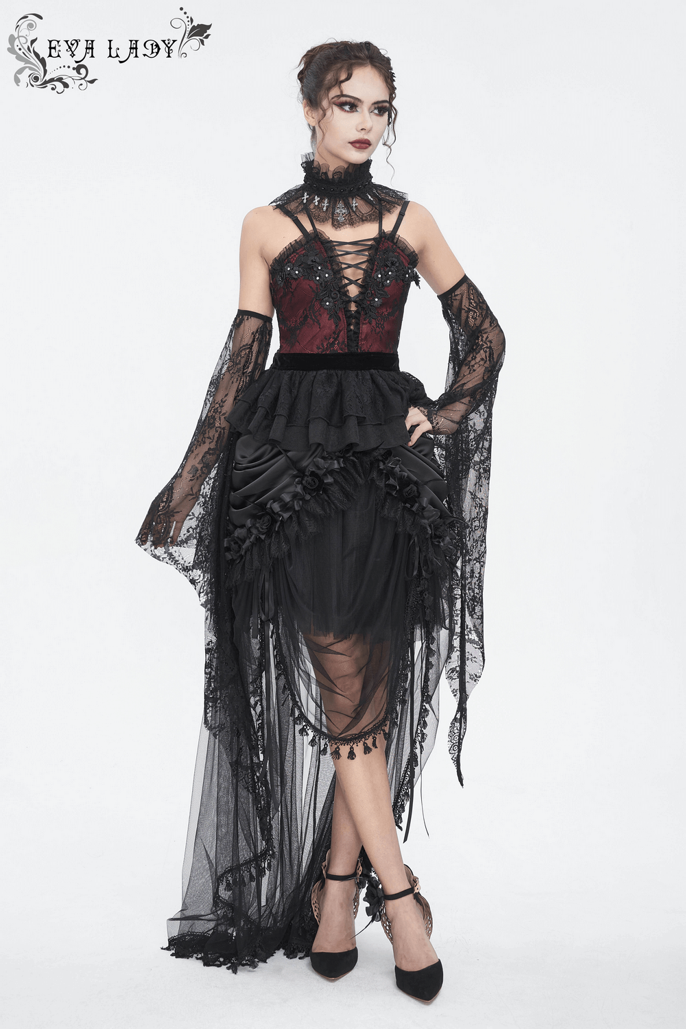 Gothic Victorian black lace bell sleeve top with dramatic styling and sheer overlay for a romantic look.