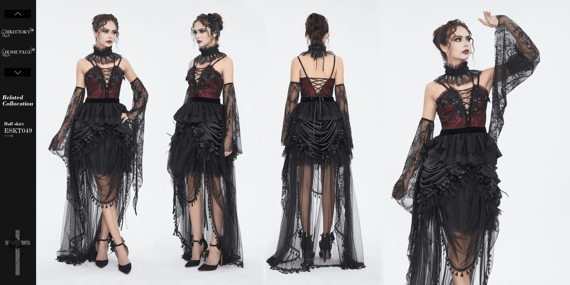 Black lace gown with dramatic sleeves and gothic accents, perfect for Victorian-inspired outfits.