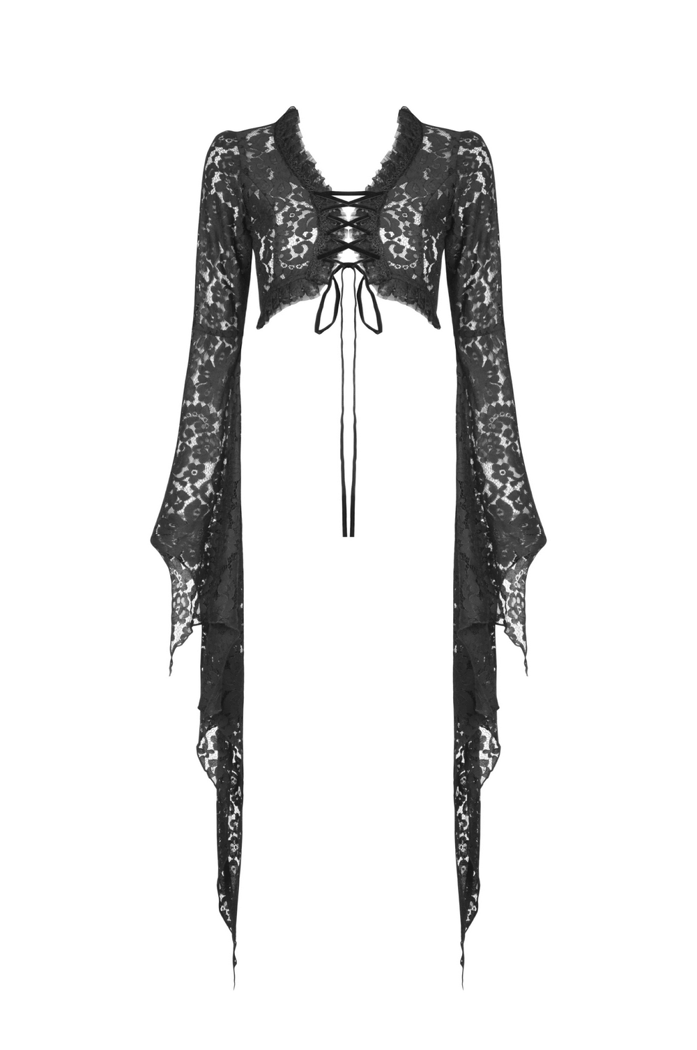 Black lace bolero shrug top with dramatic bell sleeves and a lace-up front, perfect for gothic styles.