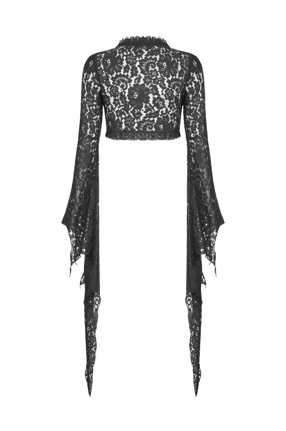 Black lace bolero shrug top with dramatic bell sleeves, perfect for a gothic-inspired outfit.