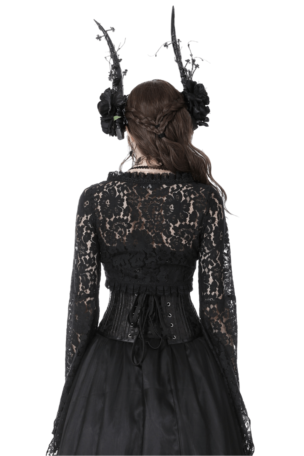 Back view of a woman in a black lace bolero shrug top with bell sleeves, styled with dark hair and gothic accessories.