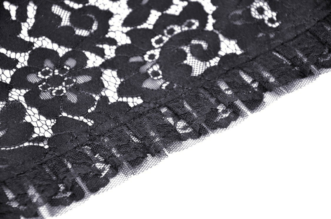 Close-up of intricate black lace fabric with floral patterns, ideal for gothic style fashion and accessories.
