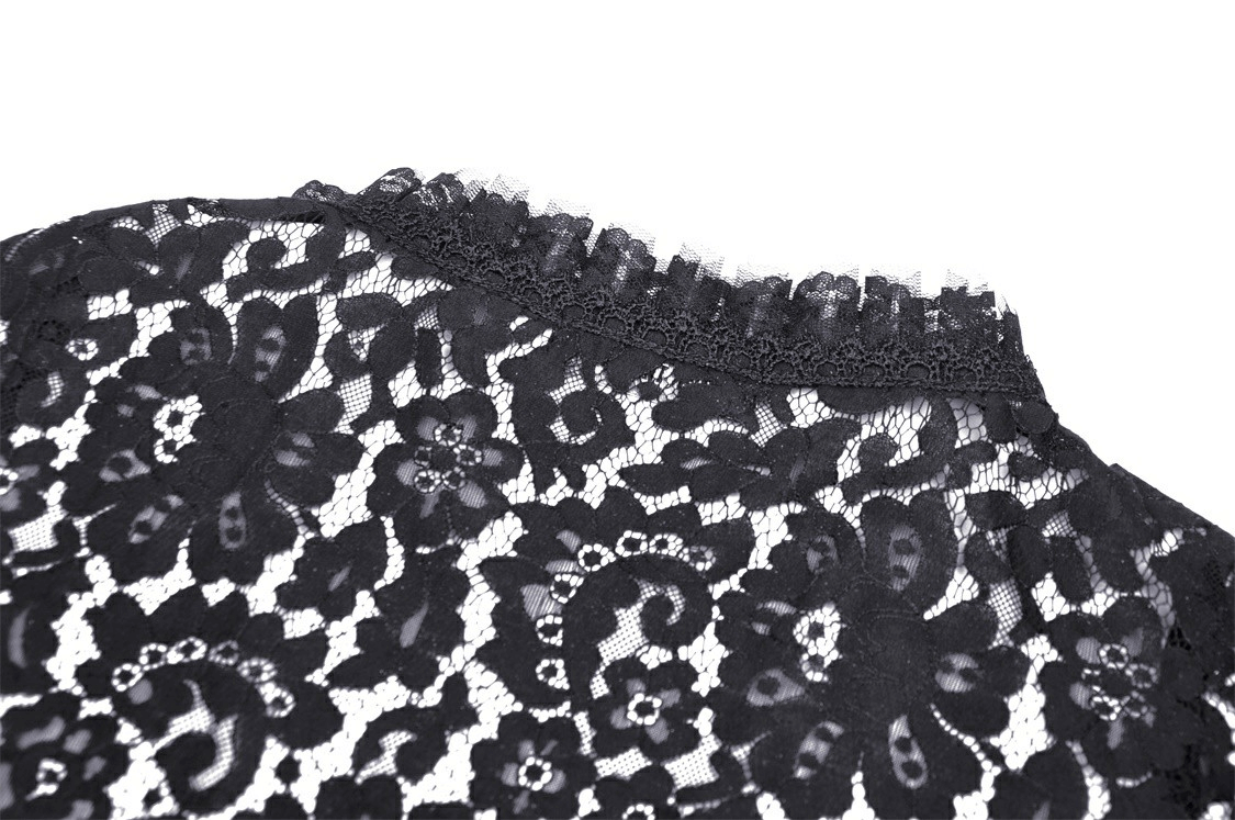 Close-up of black lace fabric with floral patterns and ruffled neckline, showcasing Gothic style for bolero shrug top.