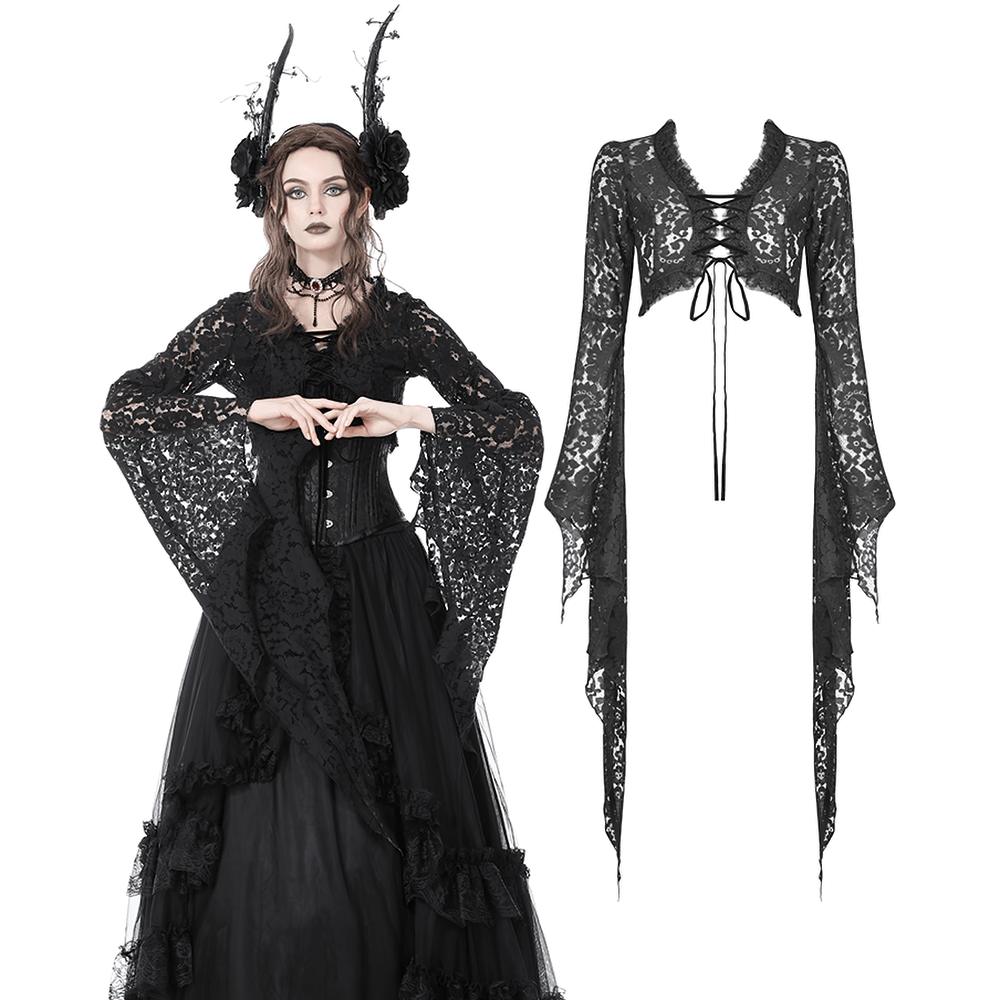Gothic black lace bolero shrug top with dramatic bell sleeves, perfect for dark, stylish outfits.
