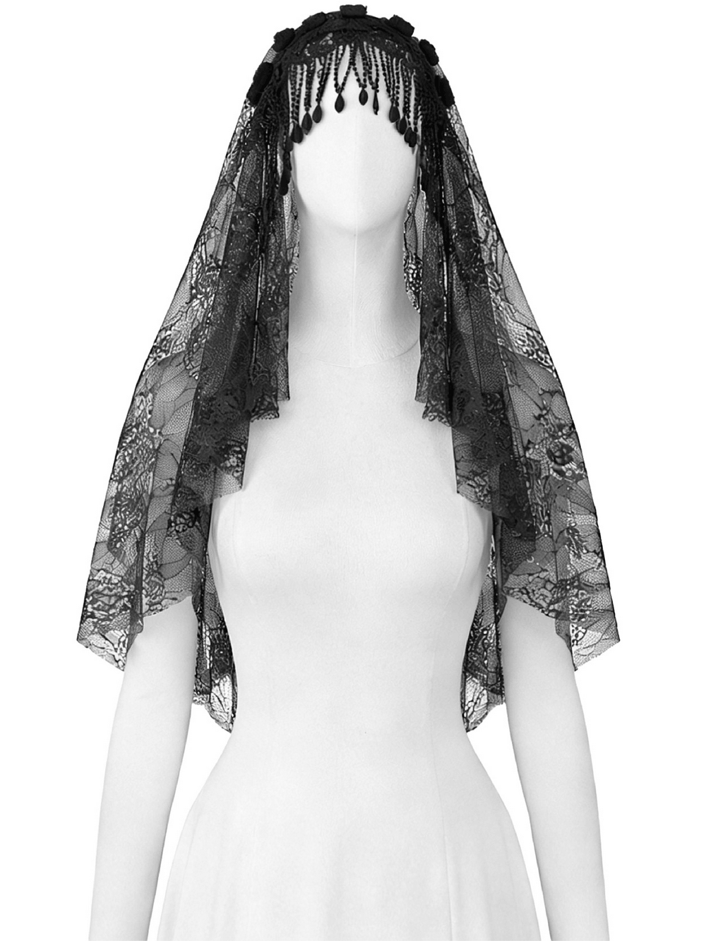 Black Lace Bridal Veil with Beaded Fringe Headpiece elegantly displayed on a mannequin, showcasing intricate lace design.