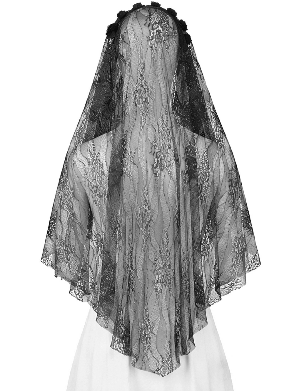 Black Lace Bridal Veil with Beaded Fringe Headpiece displayed from the back on a mannequin.