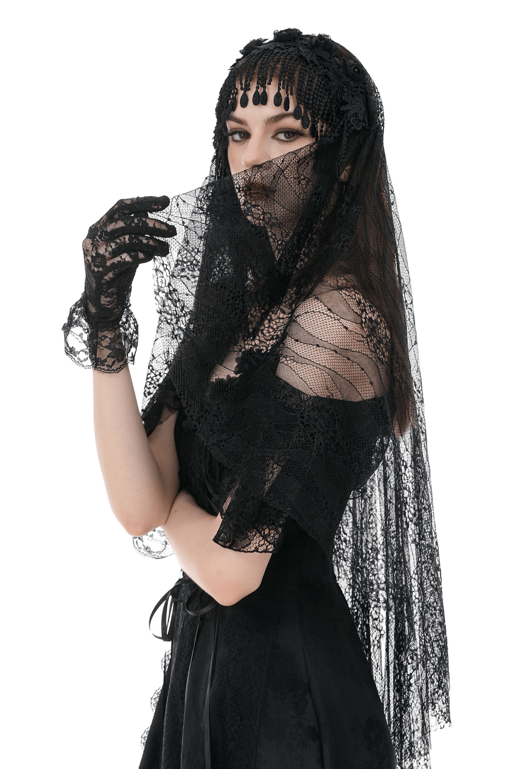 Black Lace Bridal Veil with Beaded Fringe Headpiece worn elegantly, showcasing intricate lace and beaded details.