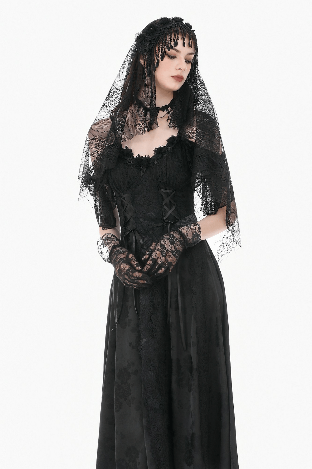 Black Lace Bridal Veil with Beaded Fringe Headpiece worn with black gown and gloves for a dramatic bridal look.