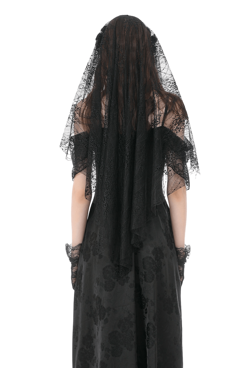 Black Lace Bridal Veil with Beaded Fringe Headpiece worn by a bride from the back, showcasing the intricate lace design.