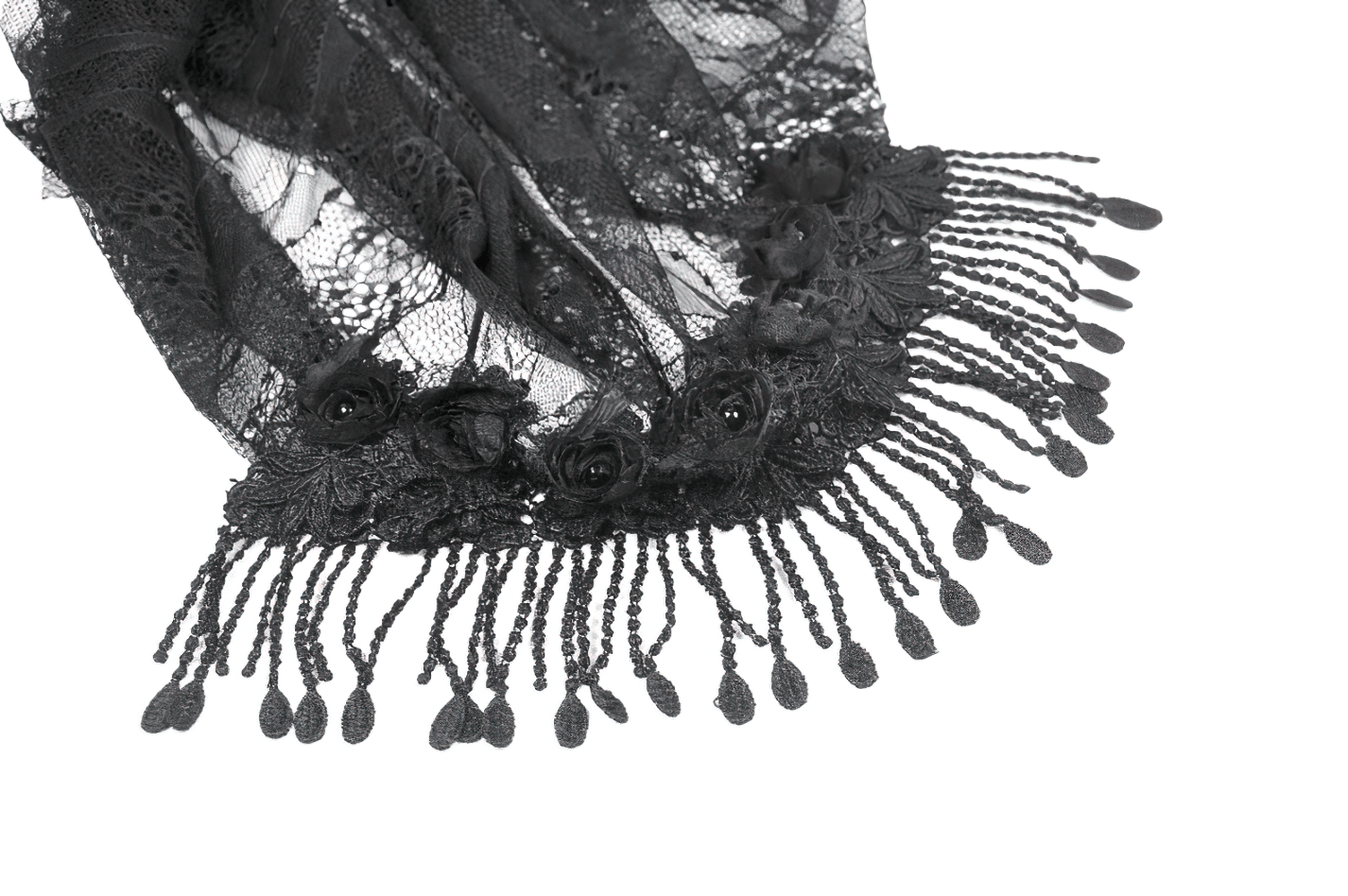 Black Lace Bridal Veil with Beaded Fringe Headpiece showcasing delicate floral and fringe details.