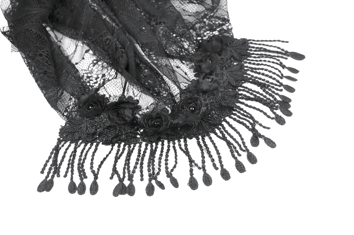 Black Lace Bridal Veil with Beaded Fringe Headpiece showcasing delicate floral and fringe details.