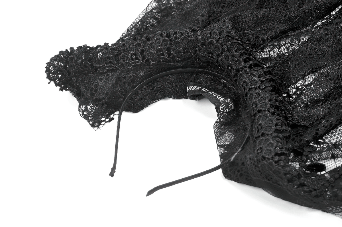 Black Lace Bridal Veil with Beaded Fringe Headpiece detail showcasing intricate lace and fringe design.