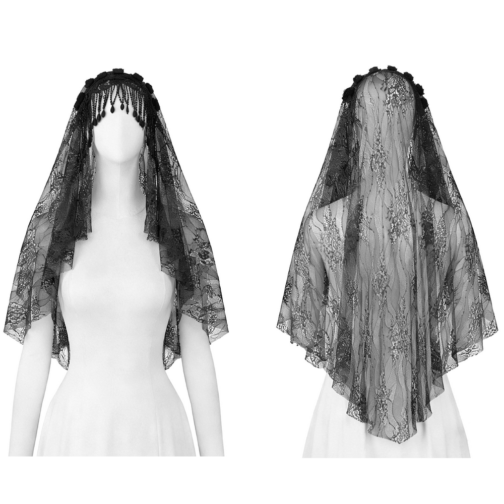 Black Lace Bridal Veil with Beaded Fringe Headpiece displayed on a mannequin front and back views.