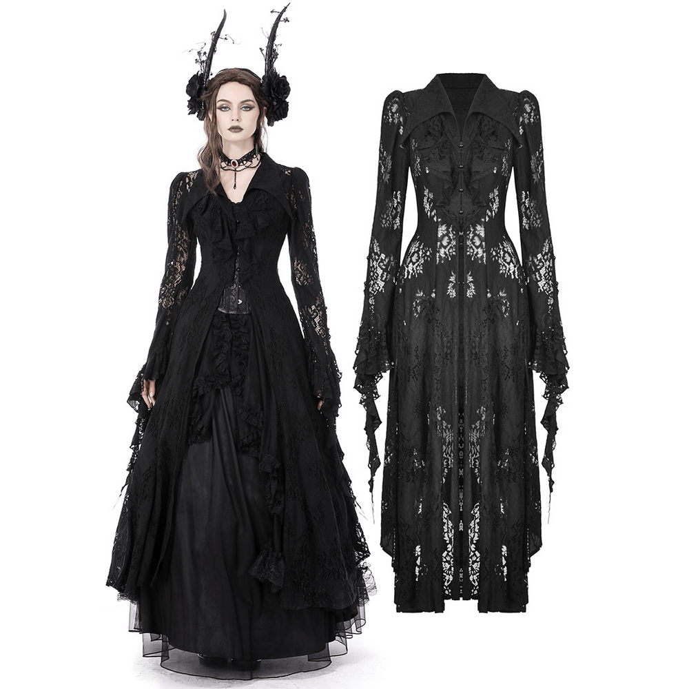 Gothic black lace cape with dramatic cutouts, perfect for a hauntingly beautiful look and romantic style.