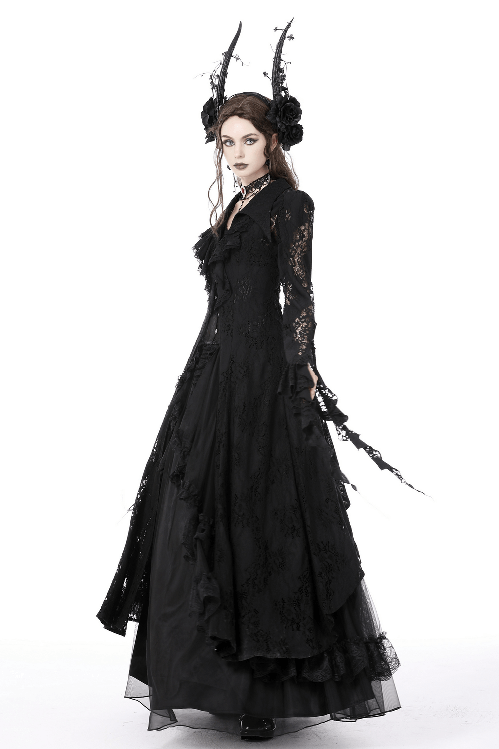 Gothic-inspired black lace dress with dramatic sleeves and horns for a hauntingly elegant look.