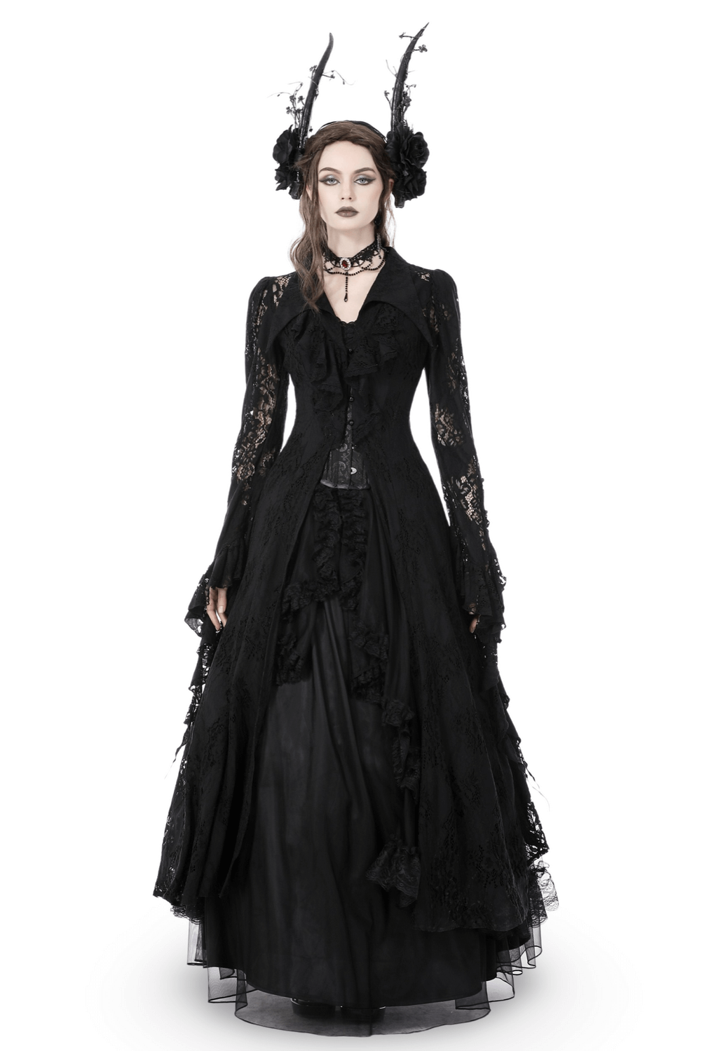 Black lace layered gown with dramatic sleeves and intricate details, perfect for gothic romance and haunting beauty.