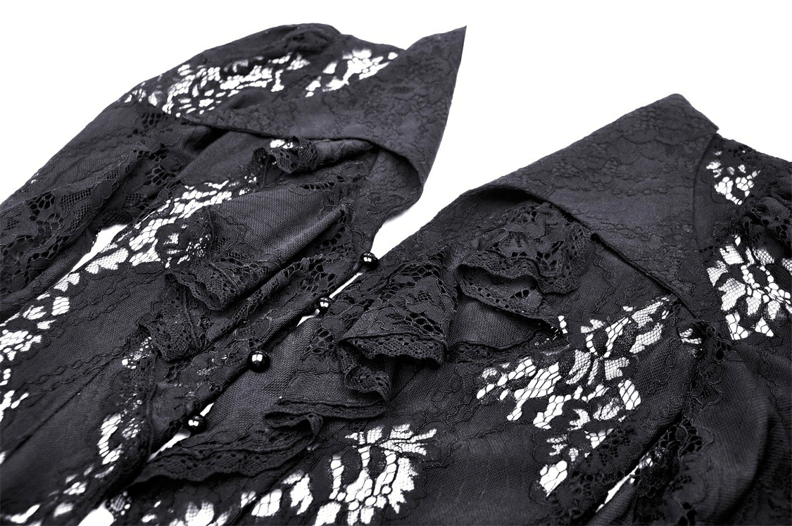 Elegant black lace cape with intricate floral patterns and delicate cutouts for a gothic romance look.