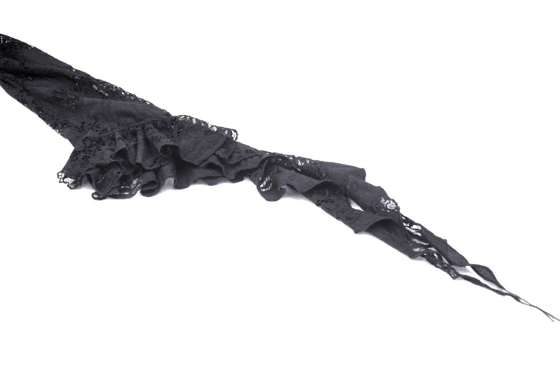 Elegant black lace cape with ruffled edges, perfect for a gothic romantic look.