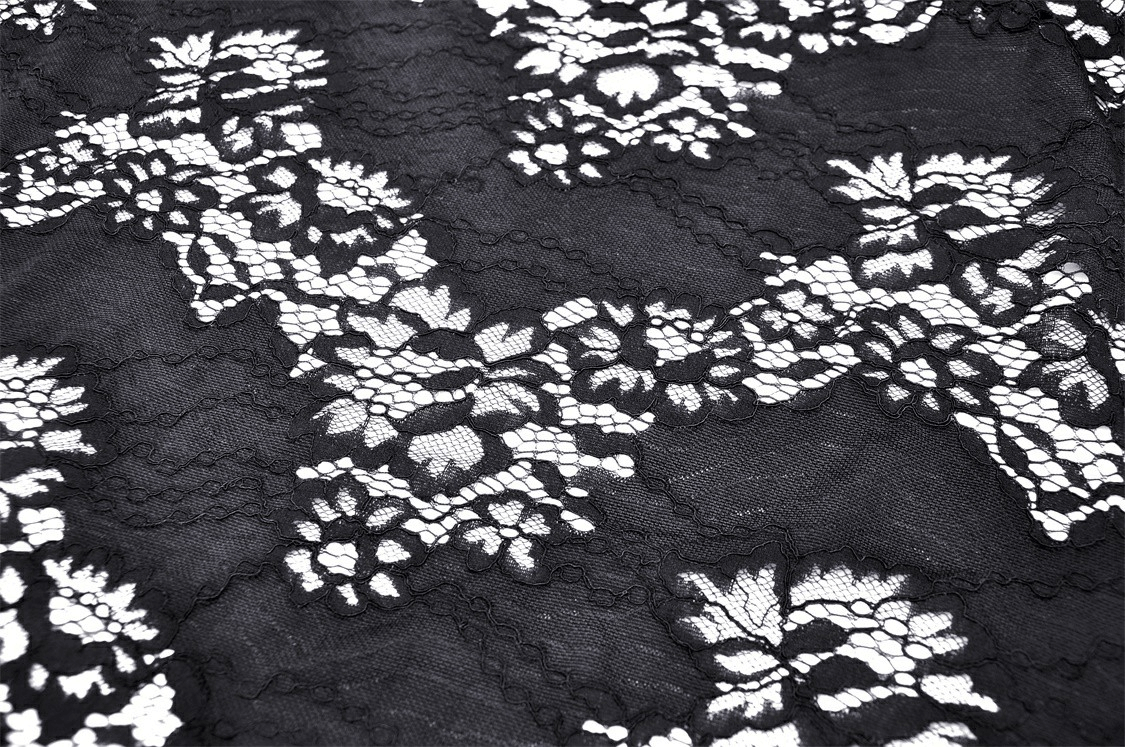 Black lace fabric with intricate floral patterns, perfect for gothic-inspired designs and elegant fashion pieces.