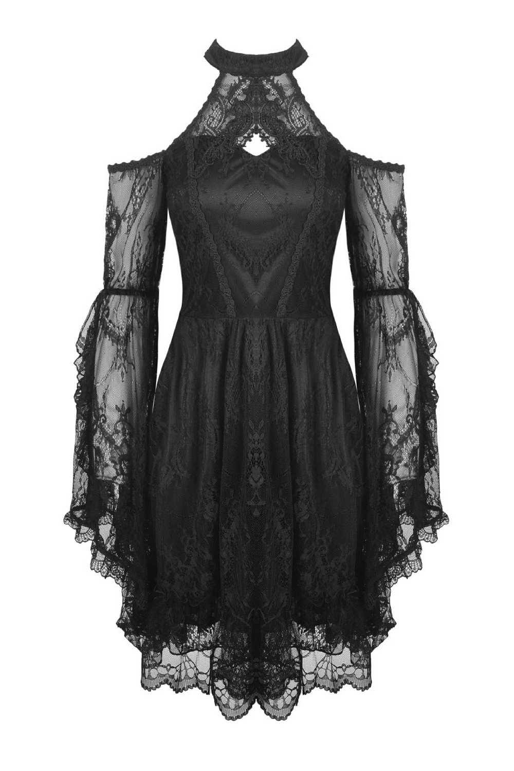 Elegant black lace cold shoulder dress with sheer bell sleeves and choker neckline, perfect for gothic style.