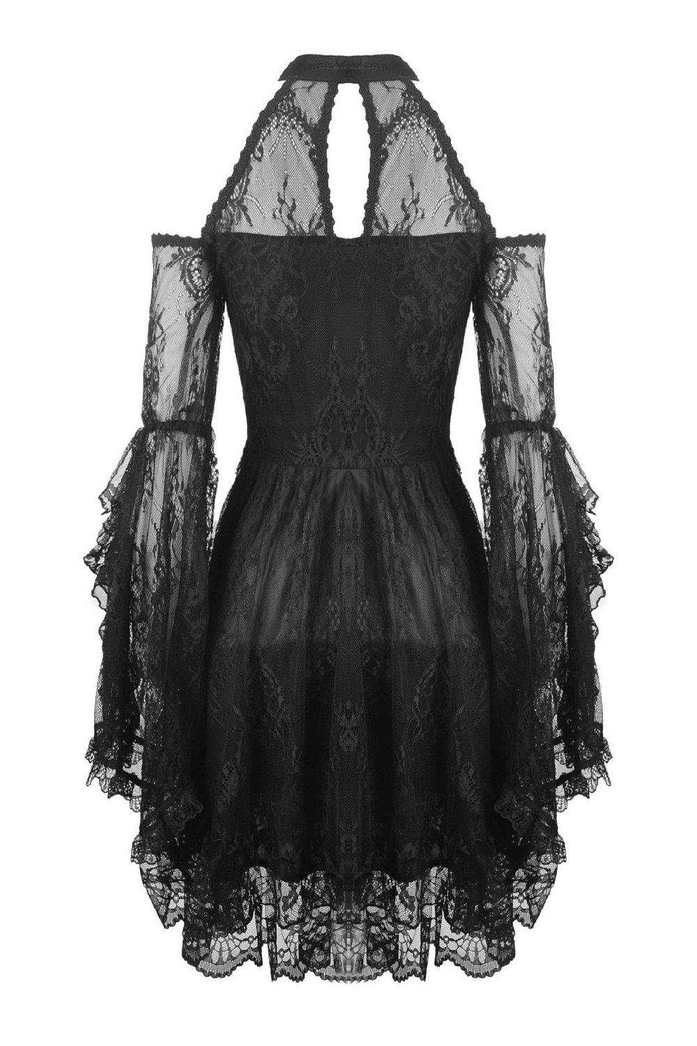 Elegant black lace cold shoulder dress with sheer bell sleeves and choker neckline, perfect for gothic style.