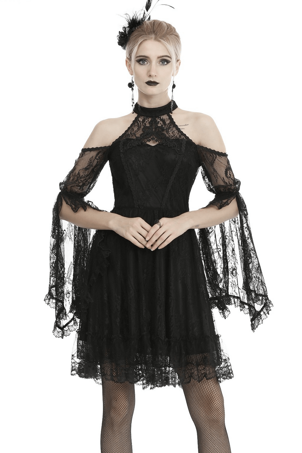 Elegant black lace cold shoulder dress with bell sleeves and choker, perfect for gothic and alternative styles.