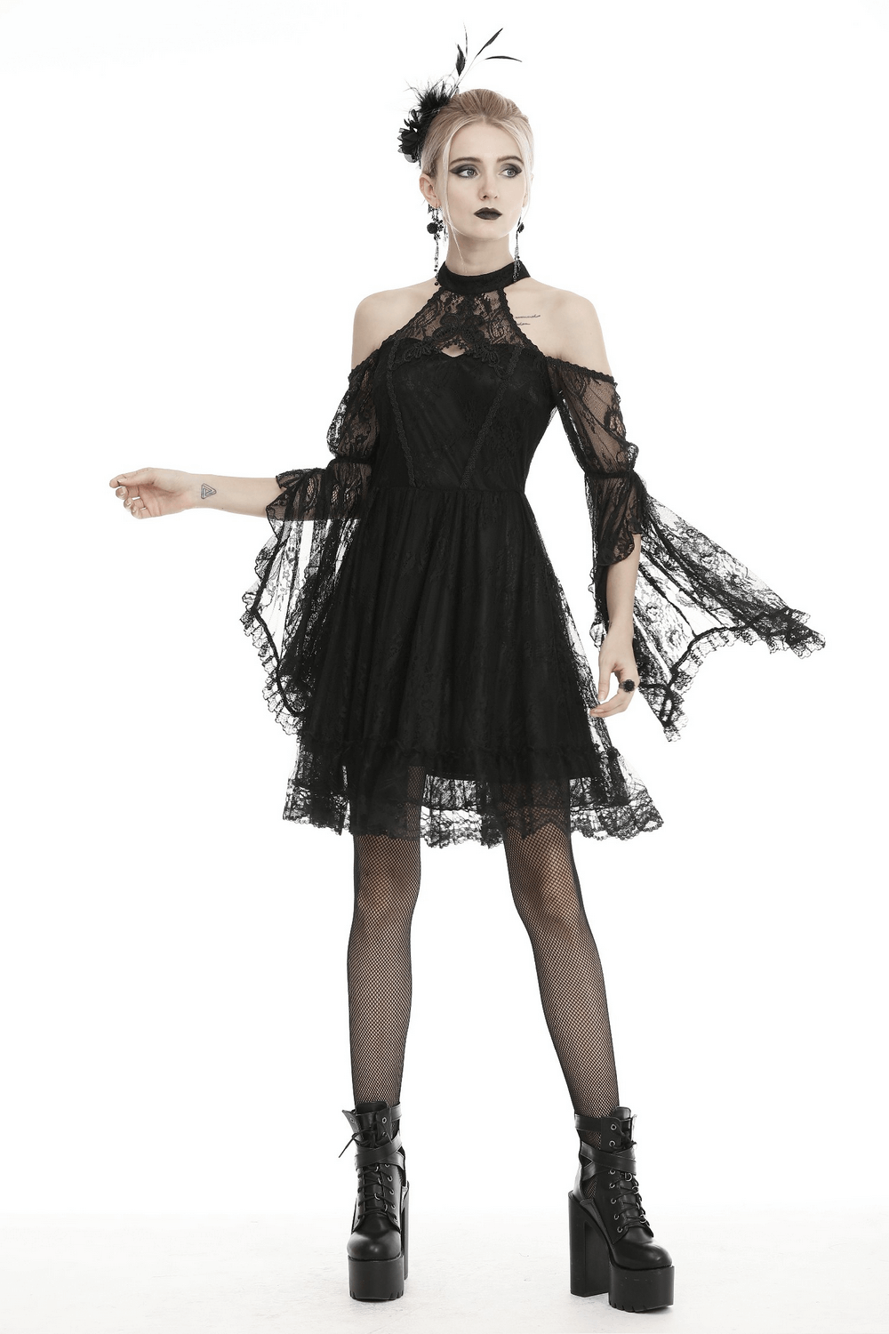 Stunning black lace cold shoulder dress with bell sleeves and choker, perfect for gothic or alternative style outfits.