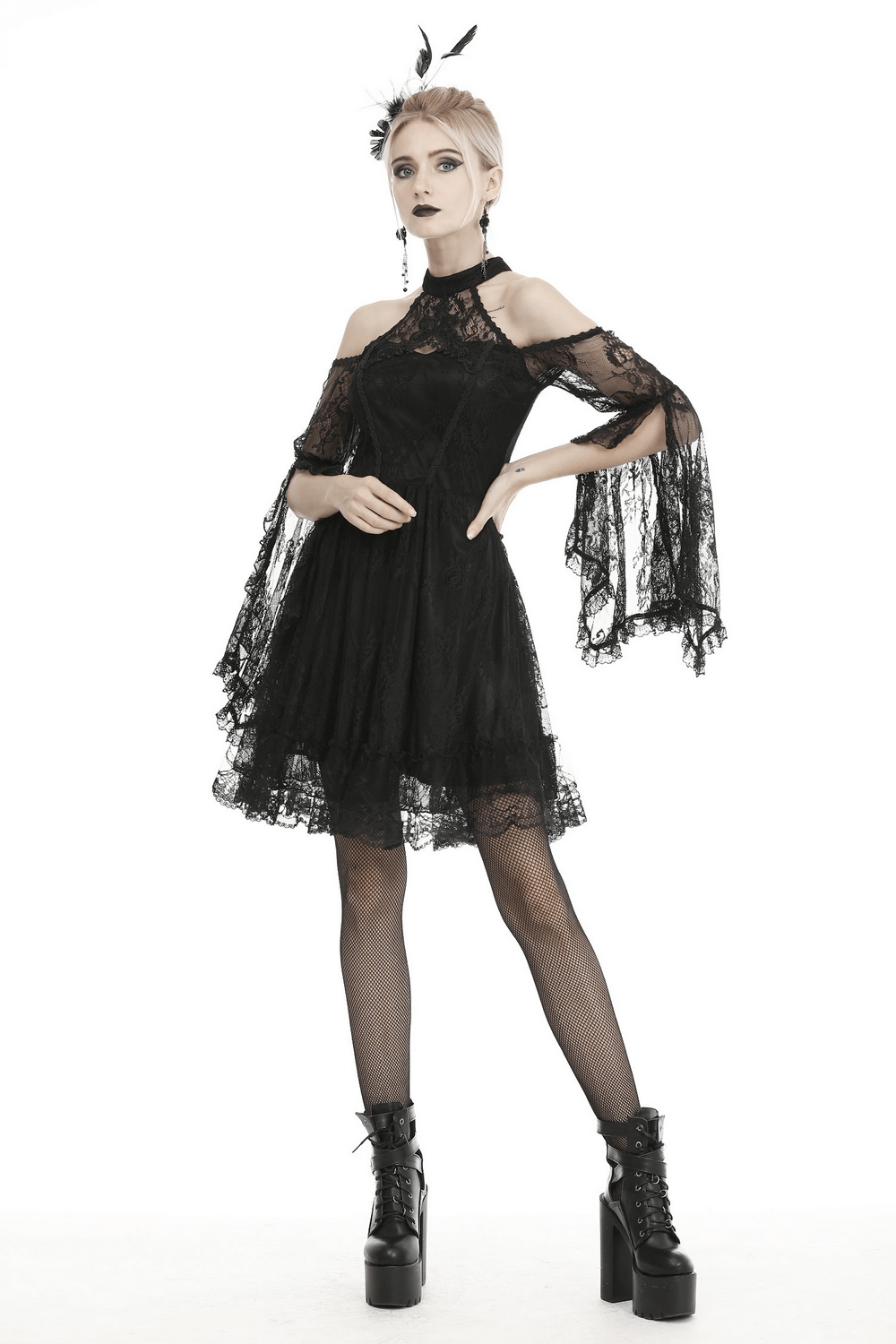 Elegant black lace cold shoulder dress with bell sleeves and choker, perfect for gothic style.