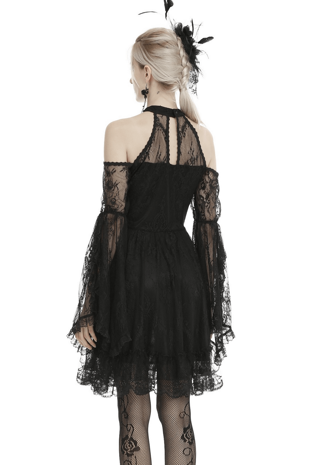 Back view of a black lace cold shoulder dress with sheer bell sleeves and choker, perfect for gothic style.