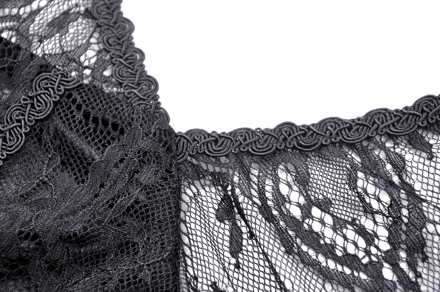 Close-up of elegant black lace fabric highlighting intricate details and scalloped edges.