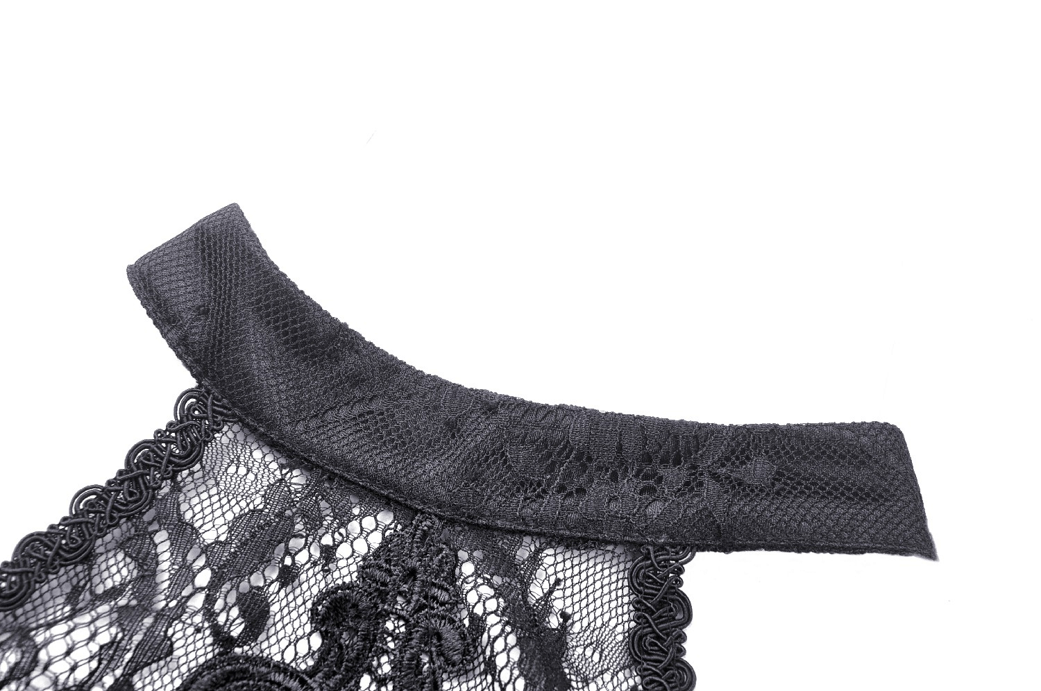 Close-up of black lace neckline with choker detail, showcasing elegant lace fabric for a gothic dress.