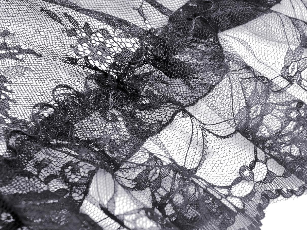 Close-up of elegant black lace fabric showcasing intricate floral patterns and textures, perfect for gothic fashion.