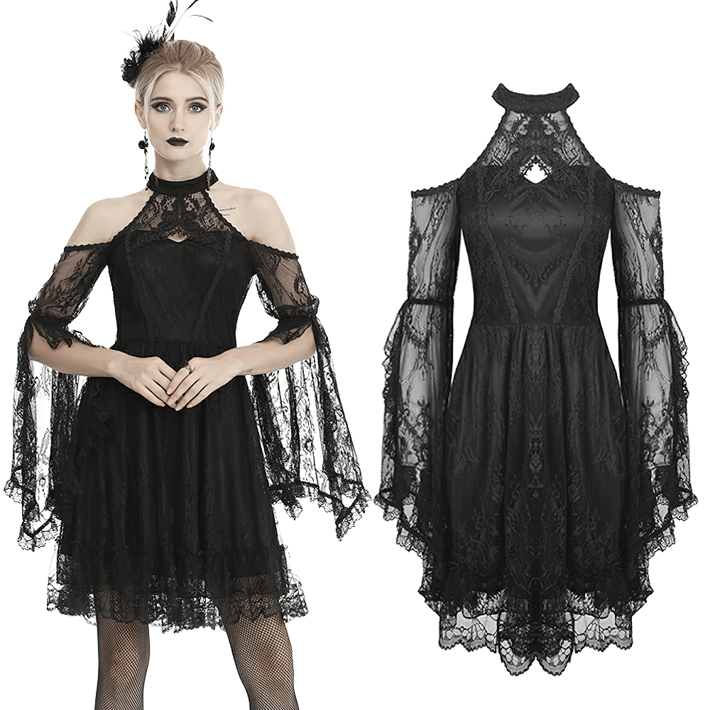 Elegant black lace cold shoulder dress with bell sleeves and choker for gothic style. Perfect for parties or themed events.