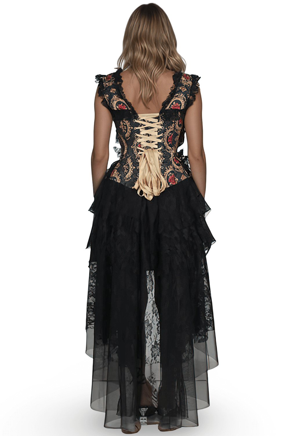 Back view of a black lace corset dress featuring red rose gothic print and elegant layered skirt.
