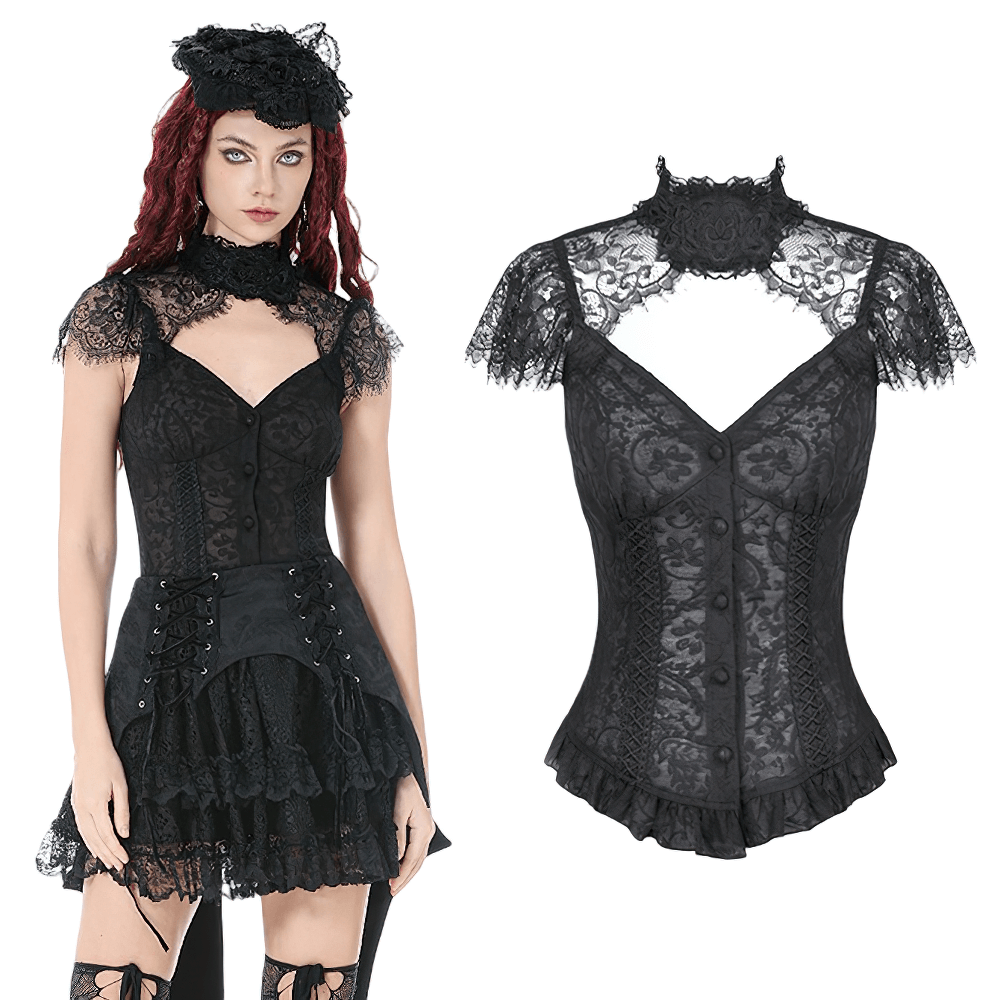 Black Lace Corset Top with Frilled Hem and Button Detail worn by model, featuring gothic design and choker.