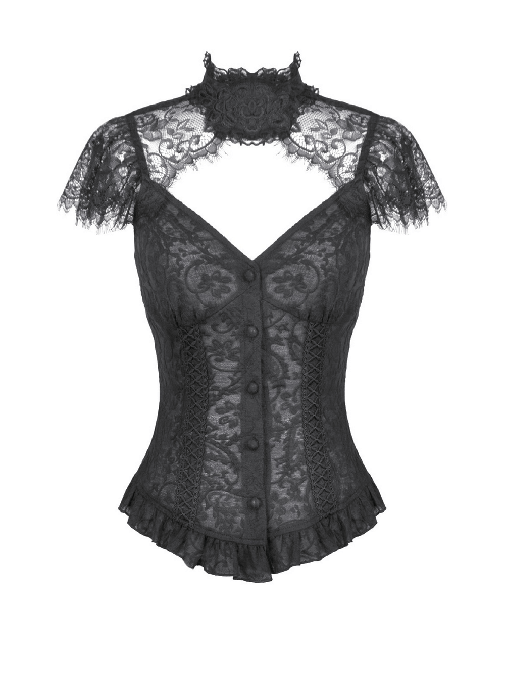 Black Lace Corset Top with Frilled Hem and Button Detail featuring floral lace design and high lace collar.