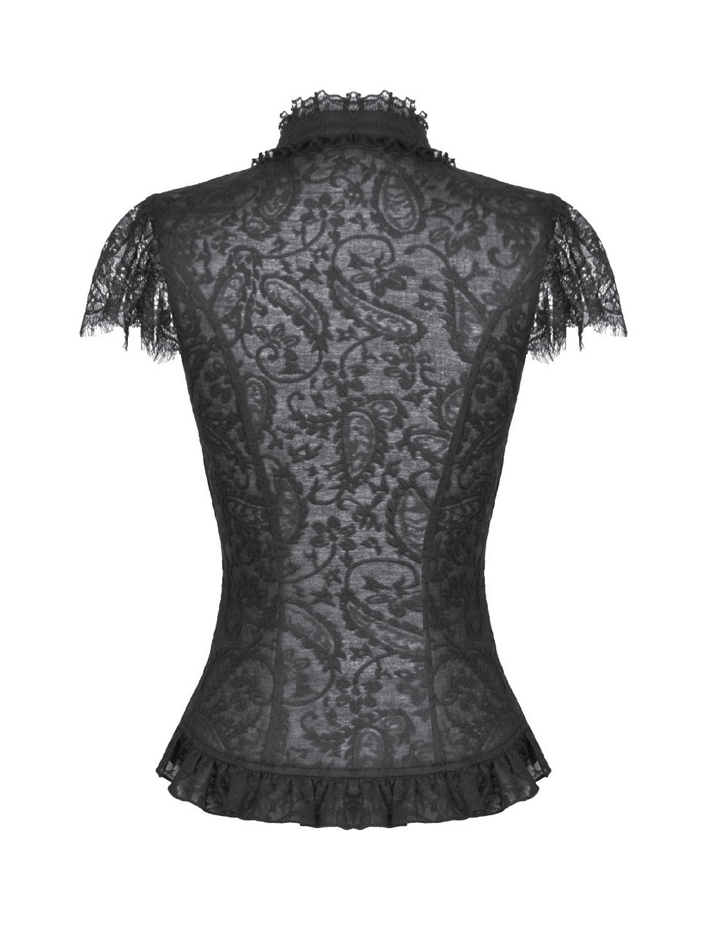 Black Lace Corset Top with Frilled Hem and Button Detail, showcasing detailed lace and a frilled hem from the back view.