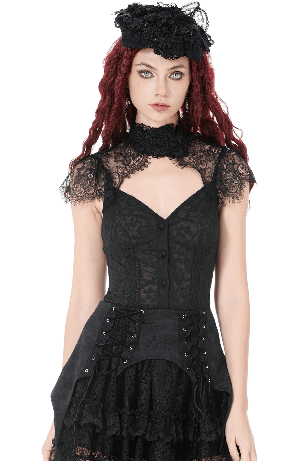 Black Lace Corset Top with Frilled Hem and Button Detail worn by model with gothic style.
