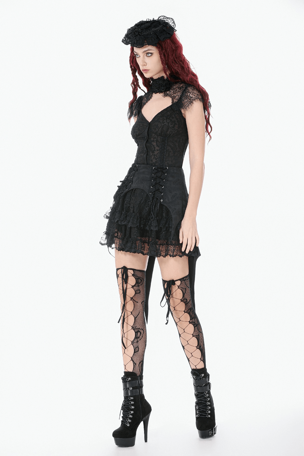 Black Lace Corset Top with Frilled Hem and Button Detail on a model, showcasing gothic style and floral lace design.