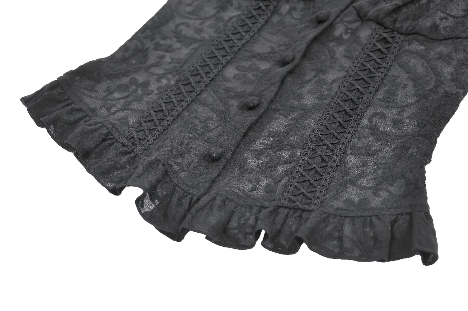 Black Lace Corset Top with Frilled Hem and Button Detail featuring lace design and frilled edges.