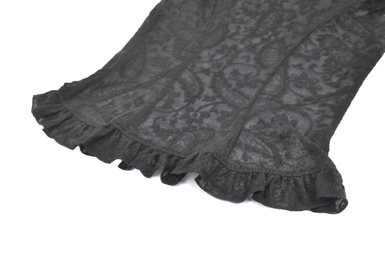 Black Lace Corset Top with Frilled Hem and Button Detail showcasing intricate floral lace and frilled hem design.
