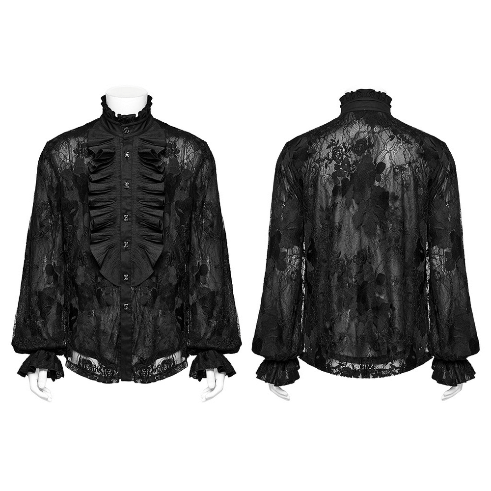 Black lace gothic shirt featuring ruffled collar and lantern sleeves, showcasing intricate embroidery and vintage charm.