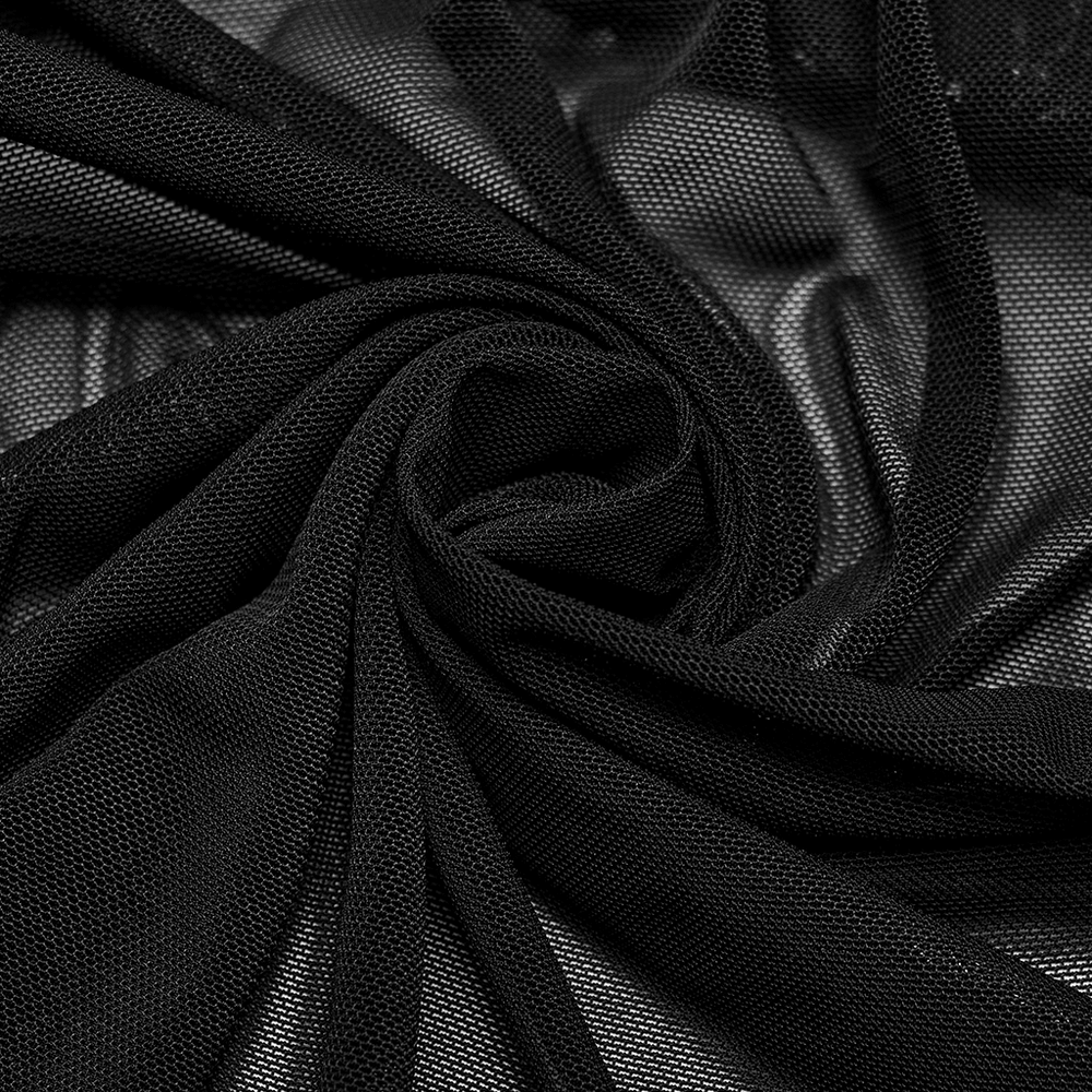 Close-up of soft black lace fabric, showcasing a textured mesh design perfect for gothic clothing.