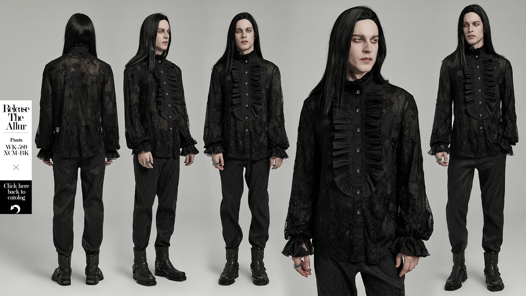 Men's black lace embroidered gothic shirt with ruffled collar and vintage lantern sleeves, showcasing elegant style.