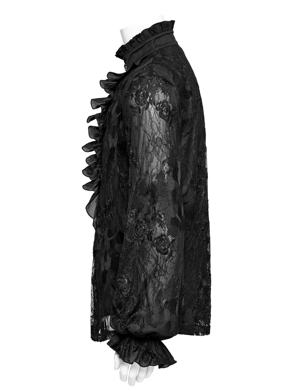 Elegant black lace embroidered gothic shirt with ruffled collar and lantern sleeves, showcasing intricate floral design.