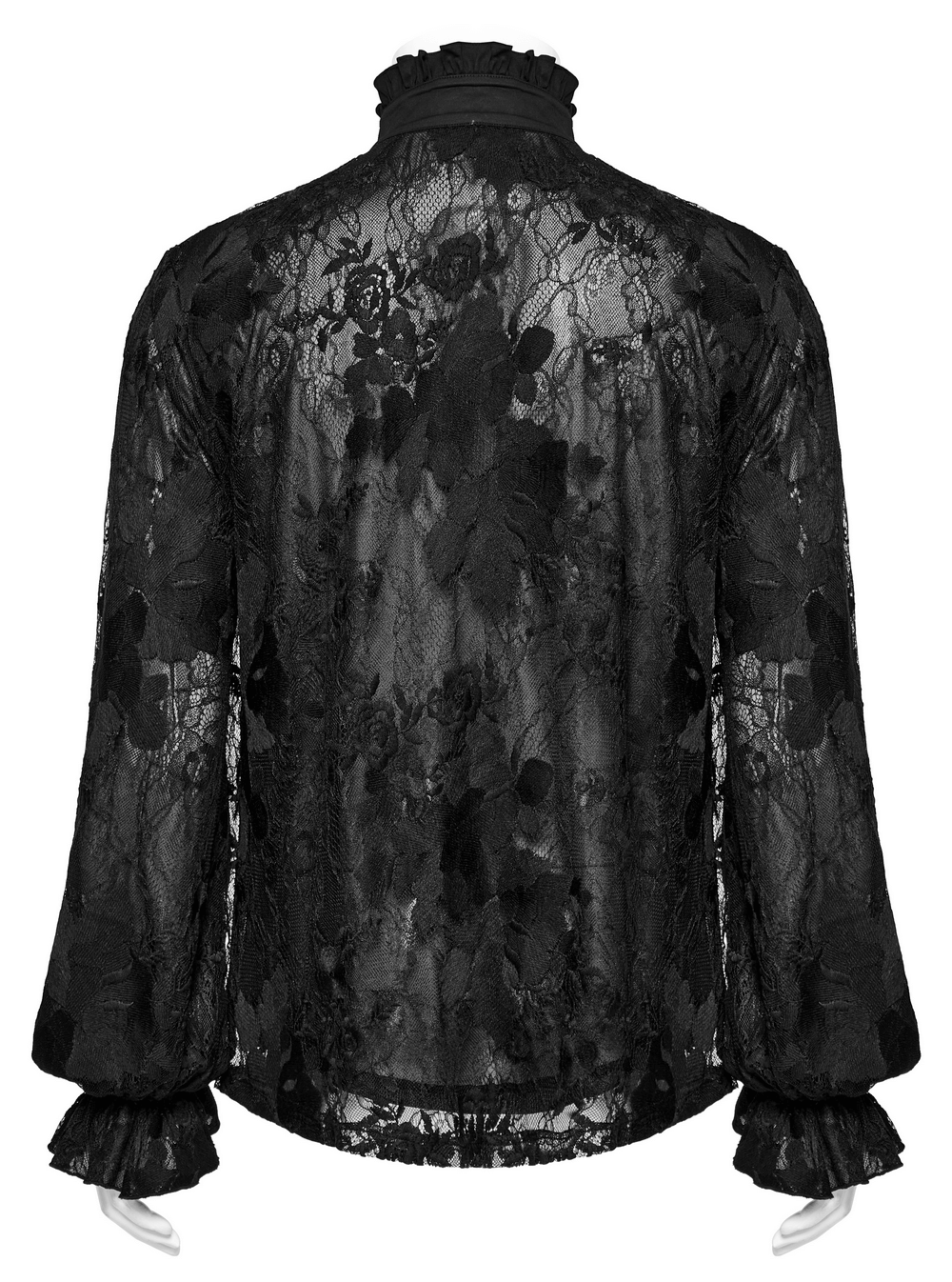 Back view of a black lace embroidered gothic shirt with ruffled collar and lantern sleeves, showcasing floral patterns.