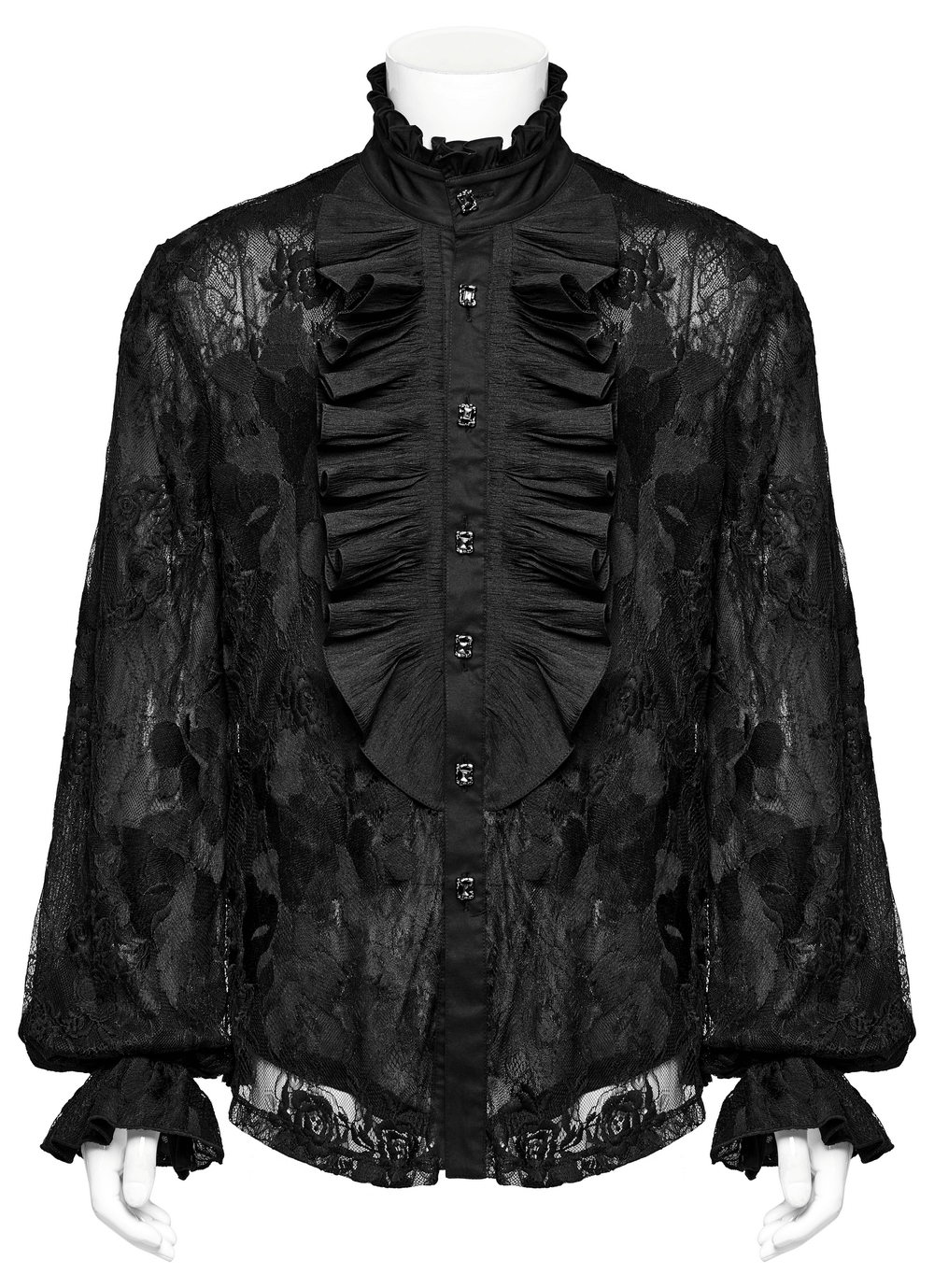 Black lace embroidered gothic shirt with ruffled collar and lantern sleeves for vintage flair.