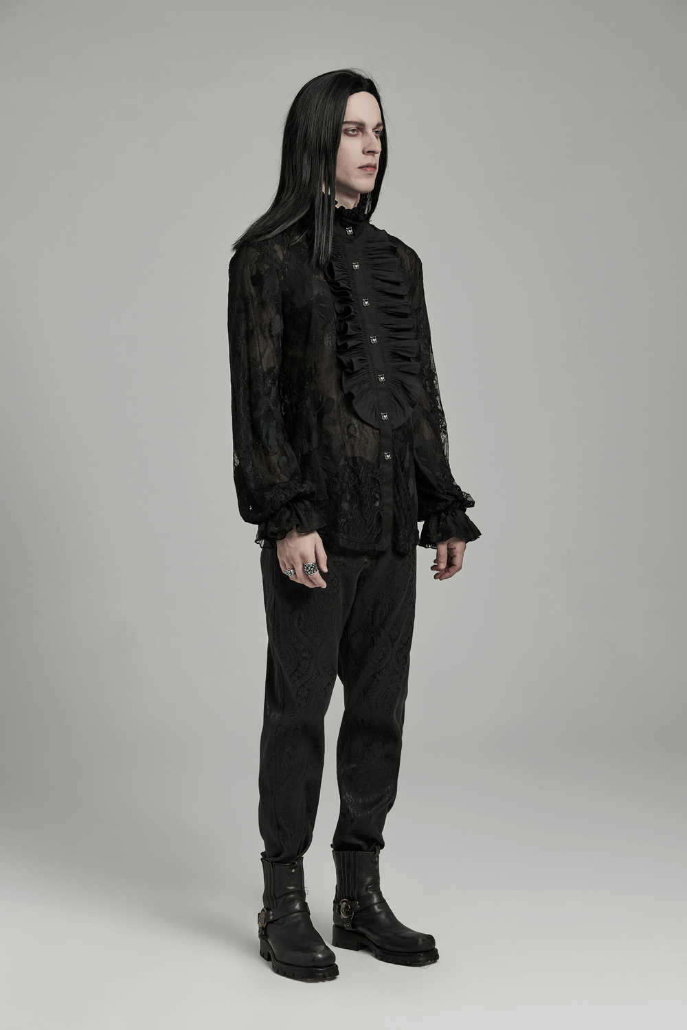 Gothic men's black lace embroidered shirt with ruffled collar and lantern sleeves, perfect for a stylish gothic look.