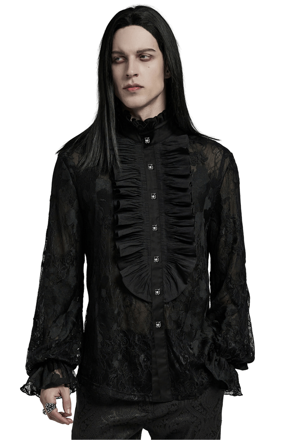 Black Lace Embroidered Gothic Shirt with Ruffled Collar